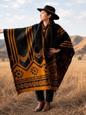 Handwoven Native American Hooded Wool Poncho - 100% Highland Wool Pullover Coat